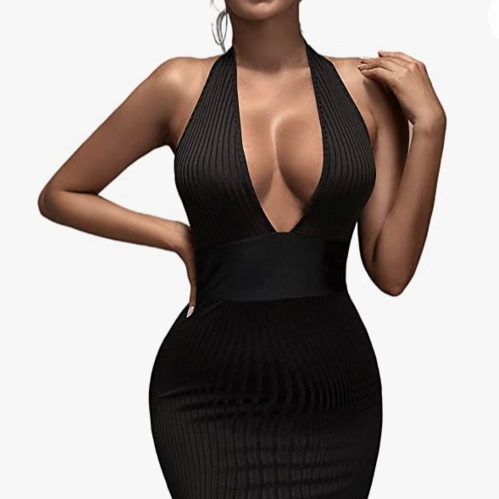 V Neck Bodycon Midi Backless Halter Ribbed Knit Dress